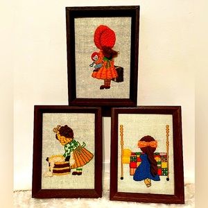 3 VINTAGE 1970's COLORFUL KIDS RETRO QUILT DOLL YARN JIFFY STITCHERY  ADORABLE